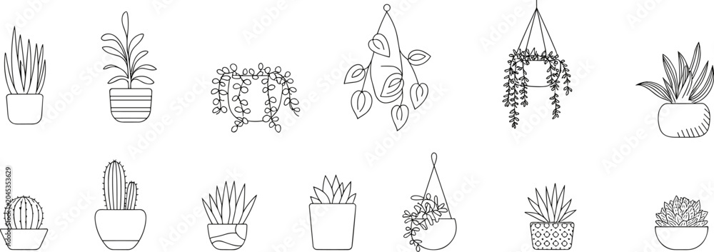 Fototapeta premium Assortment of Potted Plants: A collection of line art illustrations showcasing various potted plants, including succulents, cacti, and hanging vines, offering a simple yet elegant botanical theme.