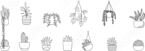 Assortment of Potted Plants: A collection of line art illustrations showcasing various potted plants, including succulents, cacti, and hanging vines, offering a simple yet elegant botanical theme.
