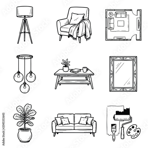 Interior Design Elements Collection Hand Drawn Sketch Style.