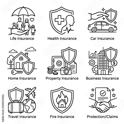 Insurance Icons Representing Different Types of Coverage.