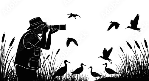 Canvas Print A silhouette of a wildlife photographer capturing birds in a marshland setting