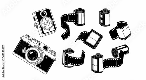 Vintage film cameras and photographic film rolls illustration.