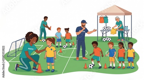 A group of children and adults on a soccer field with cones and a goal