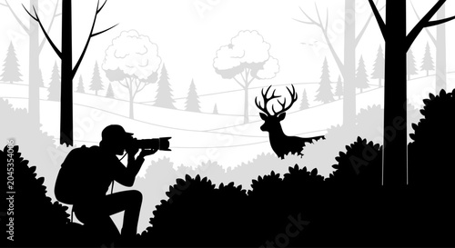 Foto A silhouette of a wildlife photographer capturing a majestic deer in the forest