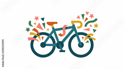 Celebration bicycle with colorful confetti and stars for festive event.