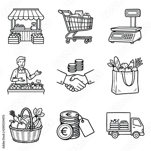 Set of grocery shopping and commerce icons in black and white.