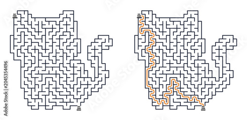 Cat-shaped labyrinth game grid with solution path illustration  