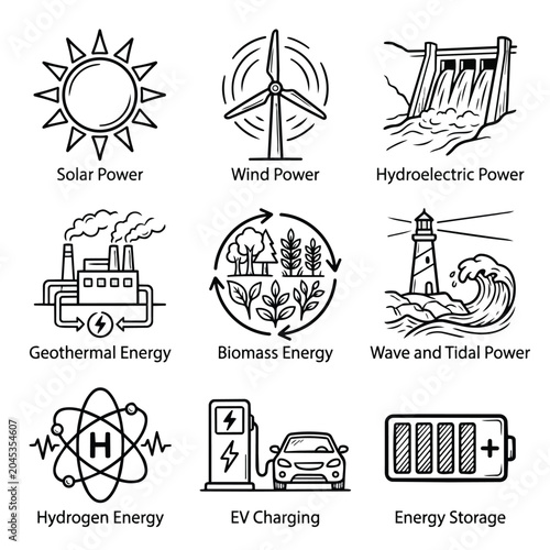 Set of Icons Representing Different Types of Renewable Energy Sources.