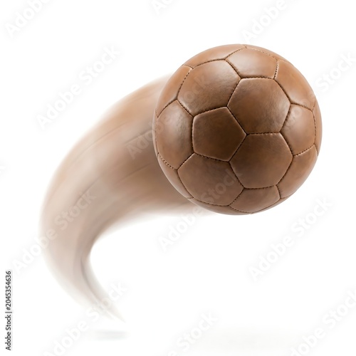 Classic Brown Leather Soccer Ball Flying Through The Air with Fast Motion Blur Trail Isolated on White Background for Sports Concept