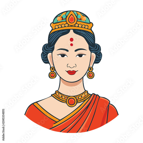 Illustration of an Indian woman in traditional attire and jewelry