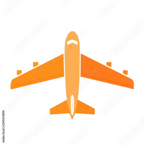 Orange airplane icon, top view, flat design