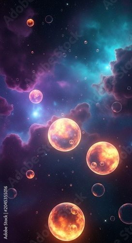 Glowing Spheres and Bubbles in Deep Space Nebula 3D Render Background for Digital Design and Marketing