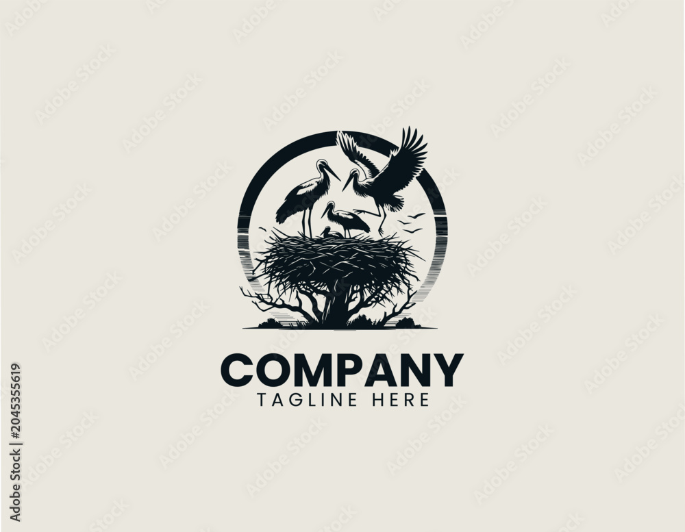 Obraz premium Stork silhouette on nest at sunset black vector illustration