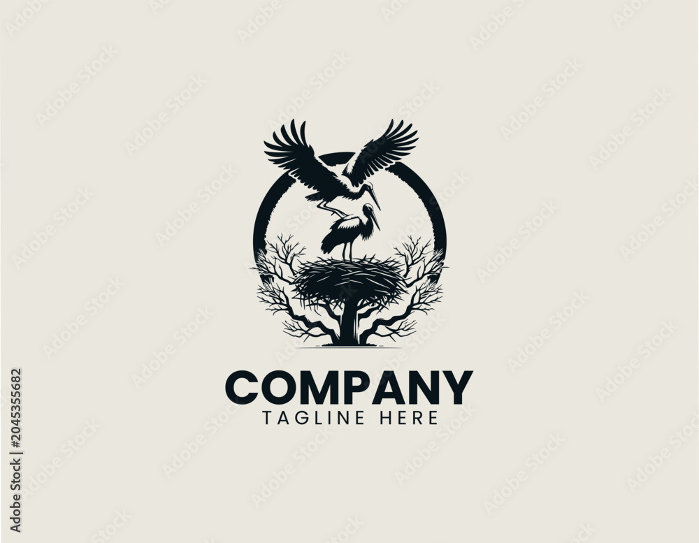 Obraz premium Stork silhouette on nest at sunset black vector illustration