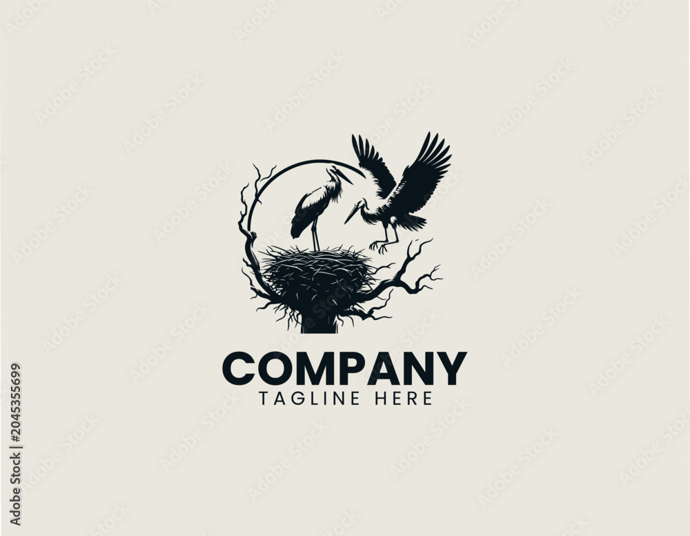 Obraz premium Stork silhouette on nest at sunset black vector illustration