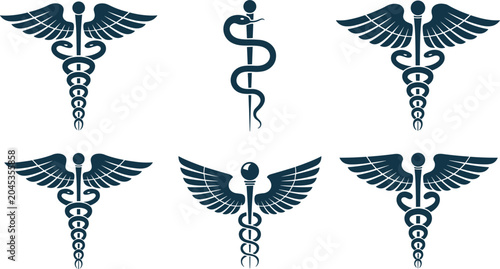 Medical caduceus and rod of asclepius dark monochrome symbol icon set vector illustration