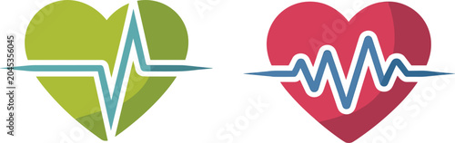 Medical healthcare heart pulse rate ecg line icons with green and red shapes vector illustration