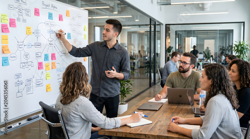 Professional team collaborating on innovative project strategies and business development during an engaging office meeting, fostering creative problem-solving and growth