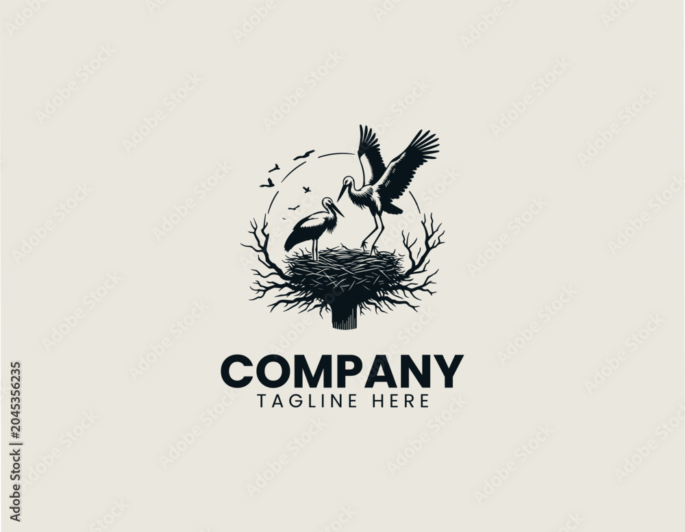 Obraz premium Stork silhouette on nest at sunset black vector illustration