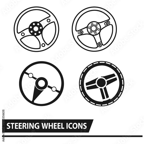 Set of four black steering wheel icons in various styles from racing to vintage designs isolated on white background for automotive design projects
