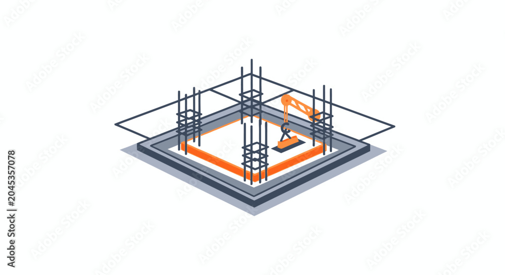 Fototapeta premium Construction Site Foundation with Crane and Rebar