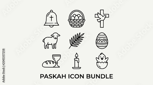 Cuadro en lienzo Easter Icons Collection: Bell, Basket, Cross, Lamb, Palm, Egg, Chalice, Candle,