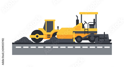 Yellow road roller and paver machine laying asphalt
