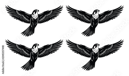 Vintage falcon bird vector set, soaring hawk mascot illustrations, black and white eagle predator graphics, 4 hunting bird icons