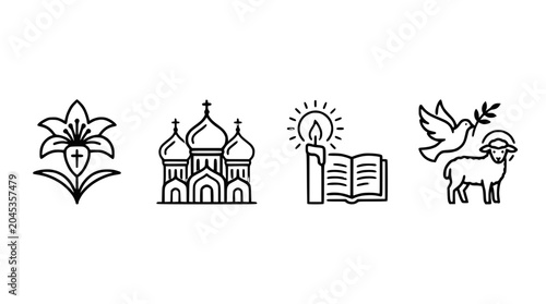 Cuadro en lienzo Christian Religious Icons: Lily, Church, Bible Candle, Dove Lamb