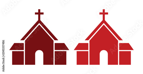 Canvastavla Red church building icons with cross, Christian chapel vector silhouettes, relig