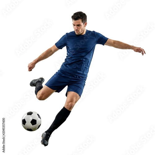 Dynamic male soccer player in mid-air, powerfully kicking the ball during an intense athletic moment, showcasing agility and skill in a clean studio shot
