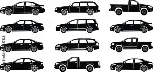 Foto Vehicle Silhouette Collection Featuring Sedan Wagon and Pickup Truck Icons for T