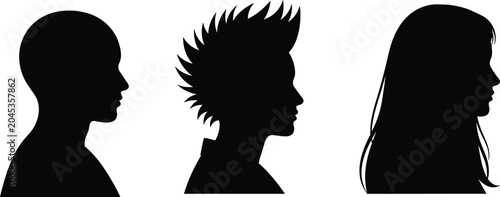 Foto Set of black silhouettes of human head profiles with different hairstyles, isolated on a white background
