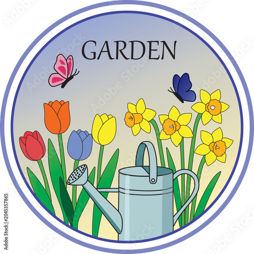 Colorful Spring Garden Flowers Illustration in Round Frame