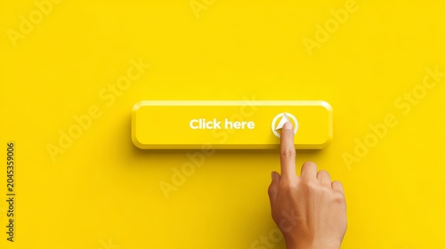 7.Flat design yellow call to action button with click here label, hand pointer finger pressing downward, clean vector illustration, simple geometry, bright and eye catching composition