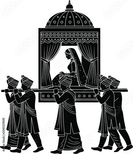 Foto Traditional Indian Wedding Procession with Bride in Palanquin Silhouette Illustr