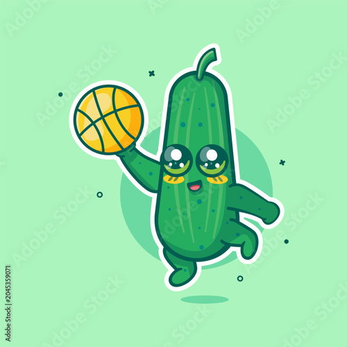 happy cucumber vegetable character mascot playing basketball isolated cartoon