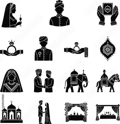 Fotografia Hindu religion silhouette icon set with temple, priest, goddess, wedding, festiv