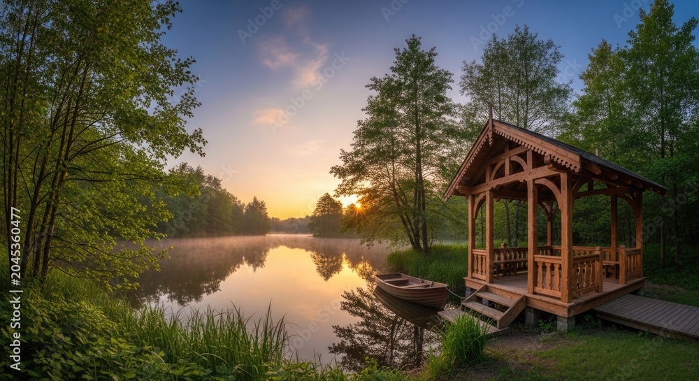 Obraz premium Serene Lakeside Gazebo at Sunrise - Tranquil Nature Scene.