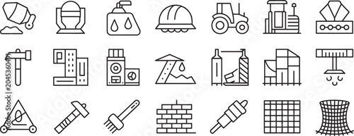 Construction Equipment Icons Set with Crane, Excavator, Bulldozer, Blocks, Barrel, Helmet and Hard Hat Tools