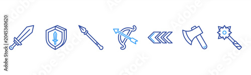 Tableau sur toile Medieval Weapons set with Sword, Shield, Spear, Bow, Arrow, Axe, and Mace for history and combat visuals