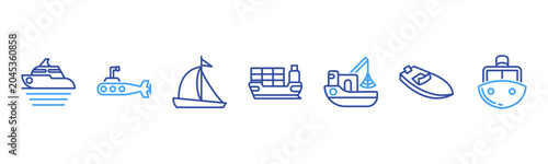 Bild auf Leinwand Marine Vessels set with Yacht, Submarine, Sailboat, Cargo Ship, Fishing Boat, Speedboat, and Ferry for nautical and maritime visuals