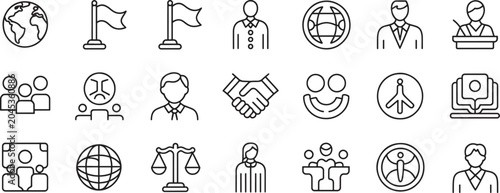 Bild auf Leinwand Handshake, Globe, Flags, and People Icons Set for Business Partnership, Communic