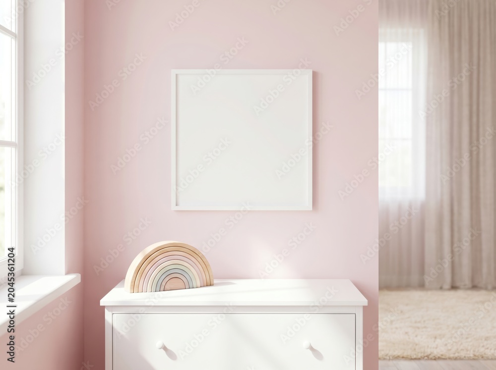 Fototapeta premium Blank white square frame mockup in pastel pink nursery room