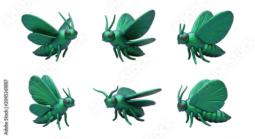 six 3d rendered emerald green insects on a clean white background different poses design and illustration projects