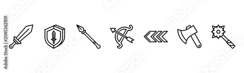 Fotografi Medieval Weapons set with Sword, Shield, Spear, Bow, Arrow, Axe, and Mace for history and combat visuals