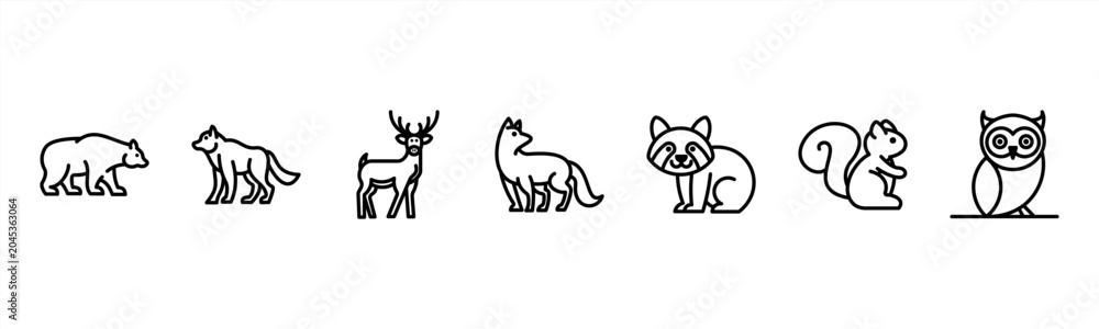 Fototapeta premium Forest Animals set with Bear, Wolf, Deer, Fox, Raccoon, Squirrel, and Owl for wildlife and nature visuals.