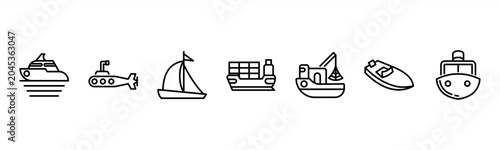 Foto Marine Vessels set with Yacht, Submarine, Sailboat, Cargo Ship, Fishing Boat, Speedboat, and Ferry for nautical and maritime visuals