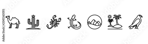 Bild auf Leinwand Desert Life set featuring Camel, Cactus, Scorpion, Lizard, Sand Dune, Oasis, Falcon for arid environment visuals