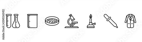 Foto Science Lab set featuring Test Tube, Beaker, Petri Dish, Microscope, Bunsen Burner, Pipette, Lab Coat for research and lab visuals